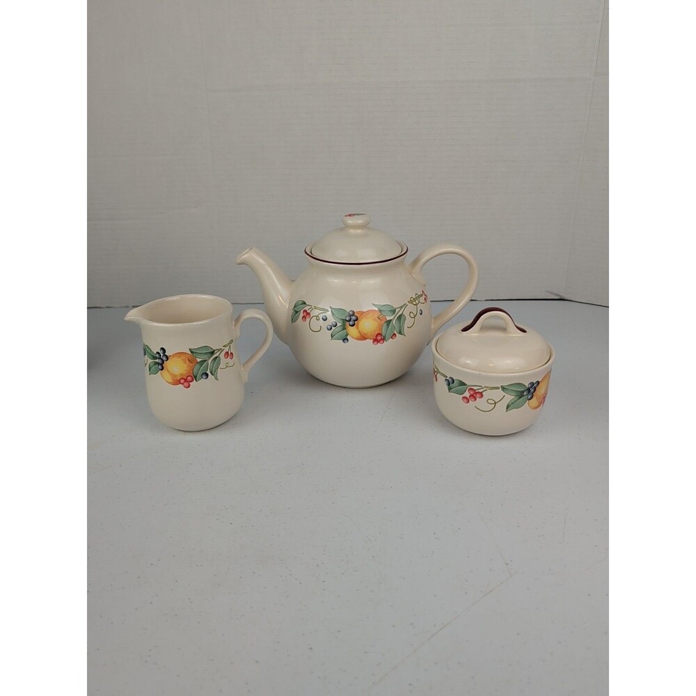 Vintage Corelle Coordinates Stoneware Teapot With Creamer & Sugar Bowl  Fruit